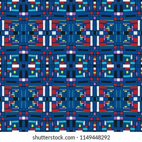 Geometric background in Mondrian grid style.  Pop art pattern. Ornament with abstract mosaic squares. Modern embroidery. Ethnic African print. Colorful figures of Memphis. Traditional striped vector