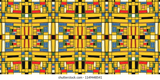 Geometric background in Mondrian grid style.  Pop art pattern. Ornament with abstract mosaic squares. Modern embroidery. Ethnic African print. Colorful figures of Memphis. Traditional striped vector