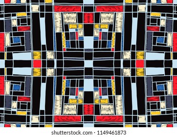 Geometric background in Mondrian grid style.  Pop art pattern. Ornament with abstract mosaic squares. Modern embroidery. Ethnic African print. Colorful figures of Memphis. Traditional striped vector