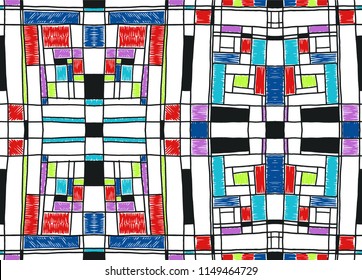 Geometric background in Mondrian grid style.  Pop art pattern. Ornament with abstract mosaic squares. Modern embroidery. Ethnic African print. Colorful figures of Memphis. Traditional striped vector