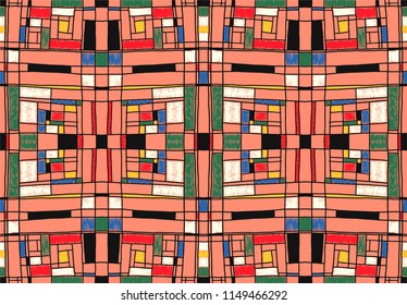 Geometric background in Mondrian grid style.  Pop art pattern. Ornament with abstract mosaic squares. Modern embroidery. Ethnic African print. Colorful figures of Memphis. Traditional striped vector