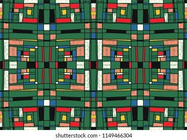 Geometric background in Mondrian grid style.  Pop art pattern. Ornament with abstract mosaic squares. Modern embroidery. Ethnic African print. Colorful figures of Memphis. Traditional striped vector