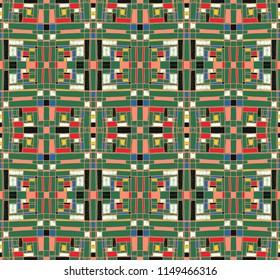 Geometric background in Mondrian grid style.  Pop art pattern. Ornament with abstract mosaic squares. Modern embroidery. Ethnic African print. Colorful figures of Memphis. Traditional striped vector