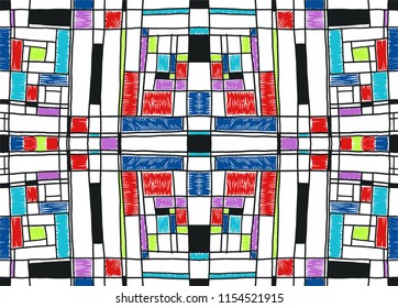 Geometric background in Mondrian grid style.  Pop art pattern. Ornament with abstract mosaic squares. Modern embroidery. Ethnic African print. Colorful figures of Memphis. Traditional striped vector