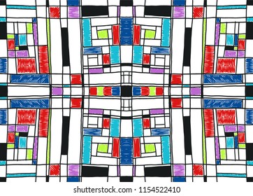 Geometric background in Mondrian grid style.  Pop art pattern. Ornament with abstract mosaic squares. Modern embroidery. Ethnic African print. Colorful figures of Memphis. Traditional striped vector