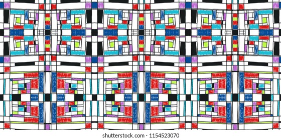 Geometric background in Mondrian grid style.  Pop art pattern. Ornament with abstract mosaic squares. Modern embroidery. Ethnic African print. Colorful figures of Memphis. Traditional striped vector