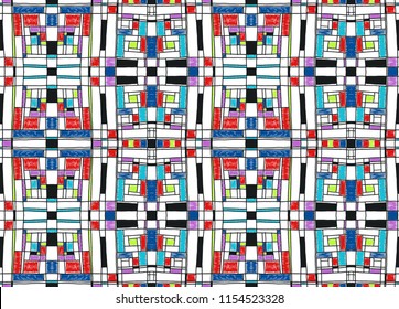 Geometric background in Mondrian grid style.  Pop art pattern. Ornament with abstract mosaic squares. Modern embroidery. Ethnic African print. Colorful figures of Memphis. Traditional striped vector