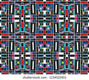 Geometric background in Mondrian grid style.  Pop art pattern. Ornament with abstract mosaic squares. Modern embroidery. Ethnic African print. Colorful figures of Memphis. Traditional striped vector