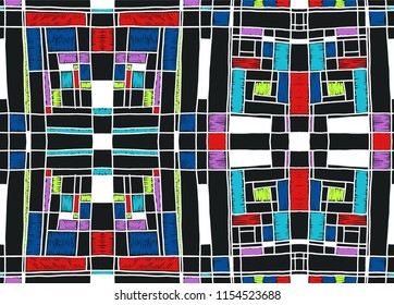 Geometric background in Mondrian grid style.  Pop art pattern. Ornament with abstract mosaic squares. Modern embroidery. Ethnic African print. Colorful figures of Memphis. Traditional striped vector