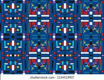 Geometric background in Mondrian grid style.  Pop art pattern. Ornament with abstract mosaic squares. Modern embroidery. Ethnic African print. Colorful figures of Memphis. Traditional striped vector