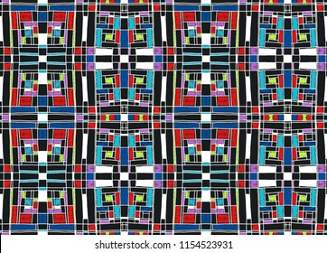 Geometric background in Mondrian grid style.  Pop art pattern. Ornament with abstract mosaic squares. Modern embroidery. Ethnic African print. Colorful figures of Memphis. Traditional striped vector
