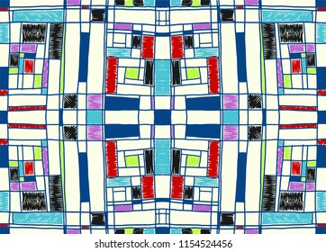 Geometric background in Mondrian grid style.  Pop art pattern. Ornament with abstract mosaic squares. Modern embroidery. Ethnic African print. Colorful figures of Memphis. Traditional striped vector