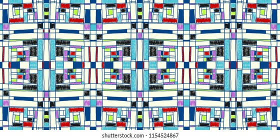 Geometric background in Mondrian grid style.  Pop art pattern. Ornament with abstract mosaic squares. Modern embroidery. Ethnic African print. Colorful figures of Memphis. Traditional striped vector