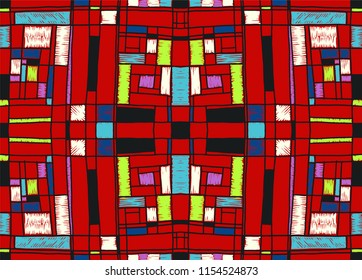 Geometric background in Mondrian grid style.  Pop art pattern. Ornament with abstract mosaic squares. Modern embroidery. Ethnic African print. Colorful figures of Memphis. Traditional striped vector