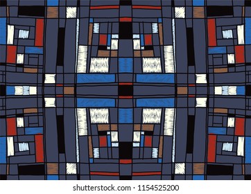 Geometric background in Mondrian grid style.  Pop art pattern. Ornament with abstract mosaic squares. Modern embroidery. Ethnic African print. Colorful figures of Memphis. Traditional striped vector