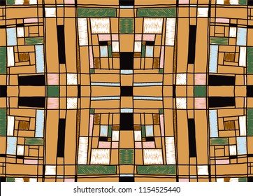 Geometric background in Mondrian grid style.  Pop art pattern. Ornament with abstract mosaic squares. Modern embroidery. Ethnic African print. Colorful figures of Memphis. Traditional striped vector