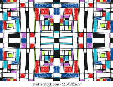 Geometric background in Mondrian grid style.  Pop art pattern. Ornament with abstract mosaic squares. Modern embroidery. Ethnic African print. Colorful figures of Memphis. Traditional striped vector