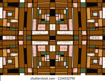Geometric background in Mondrian grid style.  Pop art pattern. Ornament with abstract mosaic squares. Modern embroidery. Ethnic African print. Colorful figures of Memphis. Traditional striped vector