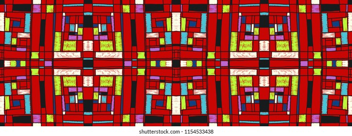 Geometric background in Mondrian grid style.  Pop art pattern. Ornament with abstract mosaic squares. Modern embroidery. Ethnic African print. Colorful figures of Memphis. Traditional striped vector