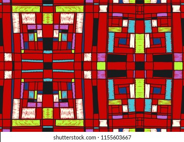Geometric background in Mondrian grid style.  Pop art pattern. Ornament with abstract mosaic squares. Modern embroidery. Ethnic African print. Colorful figures of Memphis. Traditional striped vector