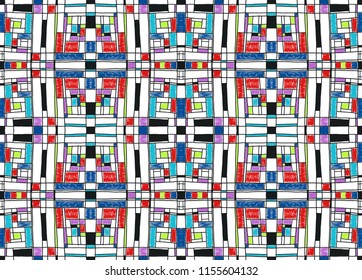 Geometric background in Mondrian grid style.  Pop art pattern. Ornament with abstract mosaic squares. Modern embroidery. Ethnic African print. Colorful figures of Memphis. Traditional striped vector