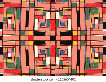 Geometric background in Mondrian grid style.  Pop art pattern. Ornament with abstract mosaic squares. Modern embroidery. Ethnic African print. Colorful figures of Memphis. Traditional striped vector