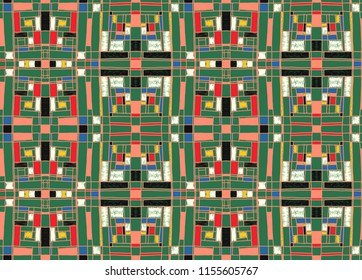 Geometric background in Mondrian grid style.  Pop art pattern. Ornament with abstract mosaic squares. Modern embroidery. Ethnic African print. Colorful figures of Memphis. Traditional striped vector