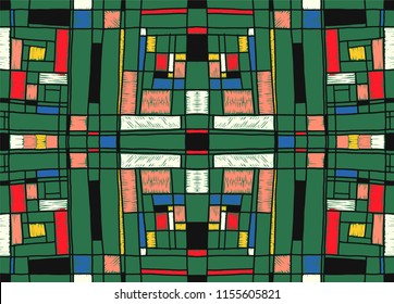 Geometric background in Mondrian grid style.  Pop art pattern. Ornament with abstract mosaic squares. Modern embroidery. Ethnic African print. Colorful figures of Memphis. Traditional striped vector