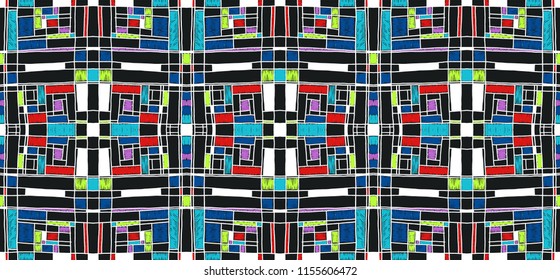 Geometric background in Mondrian grid style.  Pop art pattern. Ornament with abstract mosaic squares. Modern embroidery. Ethnic African print. Colorful figures of Memphis. Traditional striped vector