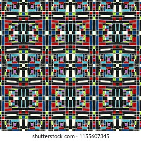 Geometric background in Mondrian grid style.  Pop art pattern. Ornament with abstract mosaic squares. Modern embroidery. Ethnic African print. Colorful figures of Memphis. Traditional striped vector