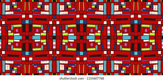 Geometric background in Mondrian grid style.  Pop art pattern. Ornament with abstract mosaic squares. Modern embroidery. Ethnic African print. Colorful figures of Memphis. Traditional striped vector