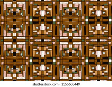 Geometric background in Mondrian grid style.  Pop art pattern. Ornament with abstract mosaic squares. Modern embroidery. Ethnic African print. Colorful figures of Memphis. Traditional striped vector