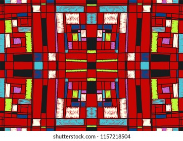 Geometric background in Mondrian grid style.  Pop art pattern. Ornament with abstract mosaic squares. Modern embroidery. Ethnic African print. Colorful figures of Memphis. Traditional striped vector