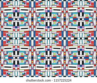 Geometric background in Mondrian grid style.  Pop art pattern. Ornament with abstract mosaic squares. Modern embroidery. Ethnic African print. Colorful figures of Memphis. Traditional striped vector