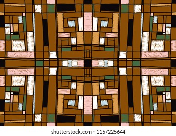 Geometric background in Mondrian grid style.  Pop art pattern. Ornament with abstract mosaic squares. Modern embroidery. Ethnic African print. Colorful figures of Memphis. Traditional striped vector