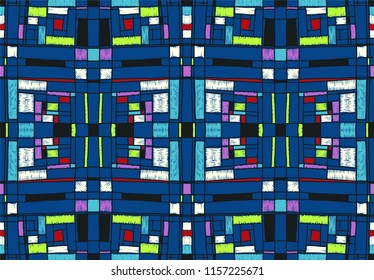 Geometric background in Mondrian grid style.  Pop art pattern. Ornament with abstract mosaic squares. Modern embroidery. Ethnic African print. Colorful figures of Memphis. Traditional striped vector