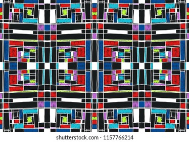 Geometric background in Mondrian grid style.  Pop art pattern. Ornament with abstract mosaic squares. Modern embroidery. Ethnic African print. Colorful figures of Memphis. Traditional striped vector