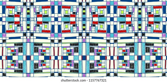 Geometric background in Mondrian grid style.  Pop art pattern. Ornament with abstract mosaic squares. Modern embroidery. Ethnic African print. Colorful figures of Memphis. Traditional striped vector