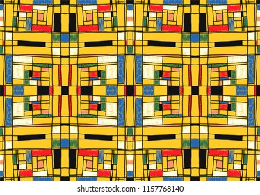 Geometric background in Mondrian grid style.  Pop art pattern. Ornament with abstract mosaic squares. Modern embroidery. Ethnic African print. Colorful figures of Memphis. Traditional striped vector