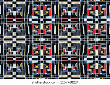 Geometric background in Mondrian grid style.  Pop art pattern. Ornament with abstract mosaic squares. Modern embroidery. Ethnic African print. Colorful figures of Memphis. Traditional striped vector