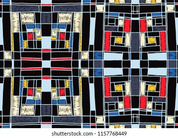 Geometric background in Mondrian grid style.  Pop art pattern. Ornament with abstract mosaic squares. Modern embroidery. Ethnic African print. Colorful figures of Memphis. Traditional striped vector