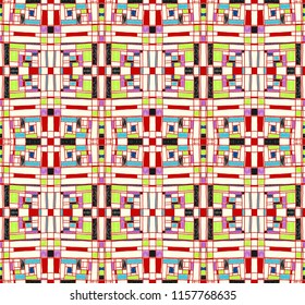 Geometric background in Mondrian grid style.  Pop art pattern. Ornament with abstract mosaic squares. Modern embroidery. Ethnic African print. Colorful figures of Memphis. Traditional striped vector