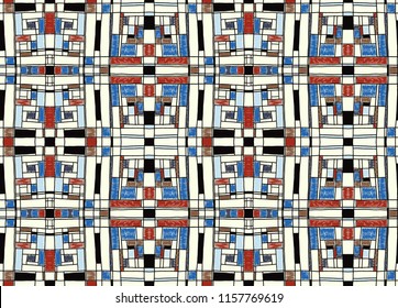 Geometric background in Mondrian grid style.  Pop art pattern. Ornament with abstract mosaic squares. Modern embroidery. Ethnic African print. Colorful figures of Memphis. Traditional striped vector