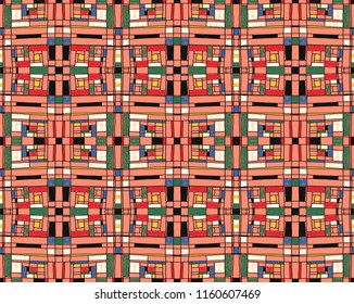 Geometric background in Mondrian grid style.  Pop art pattern. Ornament with abstract mosaic squares. Modern embroidery. Ethnic African print. Colorful figures of Memphis. Traditional striped vector
