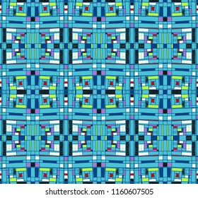 Geometric background in Mondrian grid style.  Pop art pattern. Ornament with abstract mosaic squares. Modern embroidery. Ethnic African print. Colorful figures of Memphis. Traditional striped vector