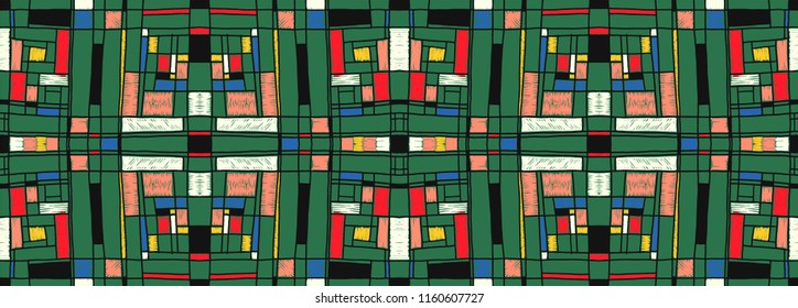 Geometric background in Mondrian grid style.  Pop art pattern. Ornament with abstract mosaic squares. Modern embroidery. Ethnic African print. Colorful figures of Memphis. Traditional striped vector