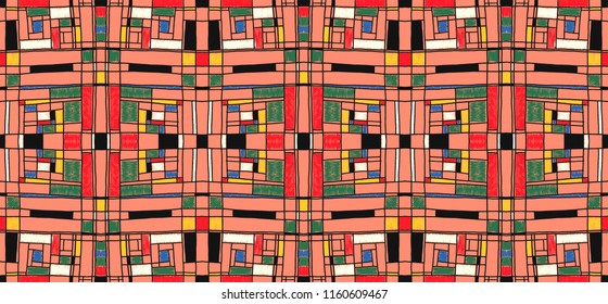Geometric background in Mondrian grid style.  Pop art pattern. Ornament with abstract mosaic squares. Modern embroidery. Ethnic African print. Colorful figures of Memphis. Traditional striped vector