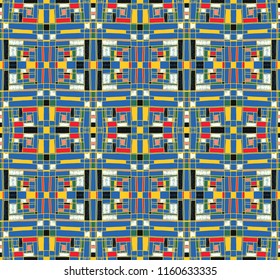 Geometric background in Mondrian grid style.  Pop art pattern. Ornament with abstract mosaic squares. Modern embroidery. Ethnic African print. Colorful figures of Memphis. Traditional striped vector