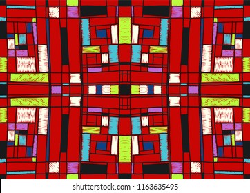 Geometric background in Mondrian grid style.  Pop art pattern. Ornament with abstract mosaic squares. Modern embroidery. Ethnic African print. Colorful figures of Memphis. Traditional striped vector