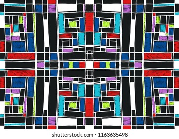 Geometric background in Mondrian grid style.  Pop art pattern. Ornament with abstract mosaic squares. Modern embroidery. Ethnic African print. Colorful figures of Memphis. Traditional striped vector